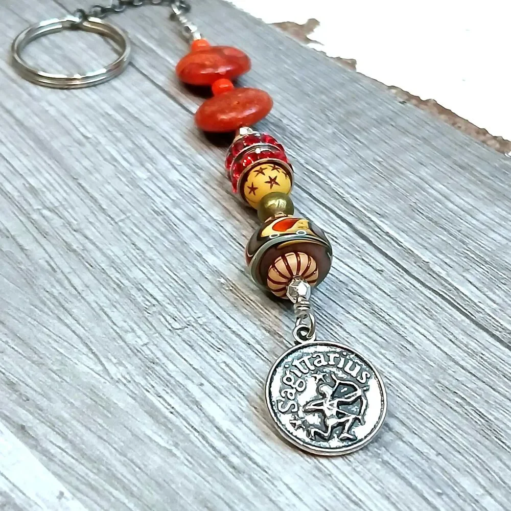 Sagittarius Beaded Key Chain, Zodiac Gemstone Crystal Bohemian